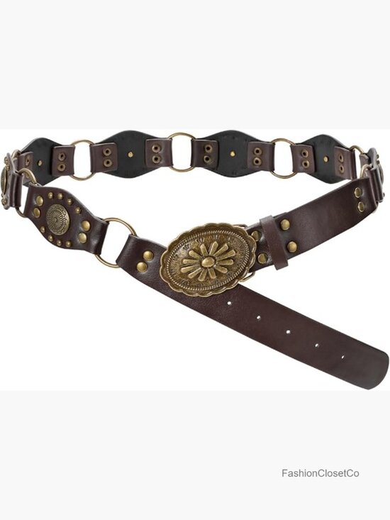 Accessories - Vintage Leather Western Concho Belt with Rivets for Women